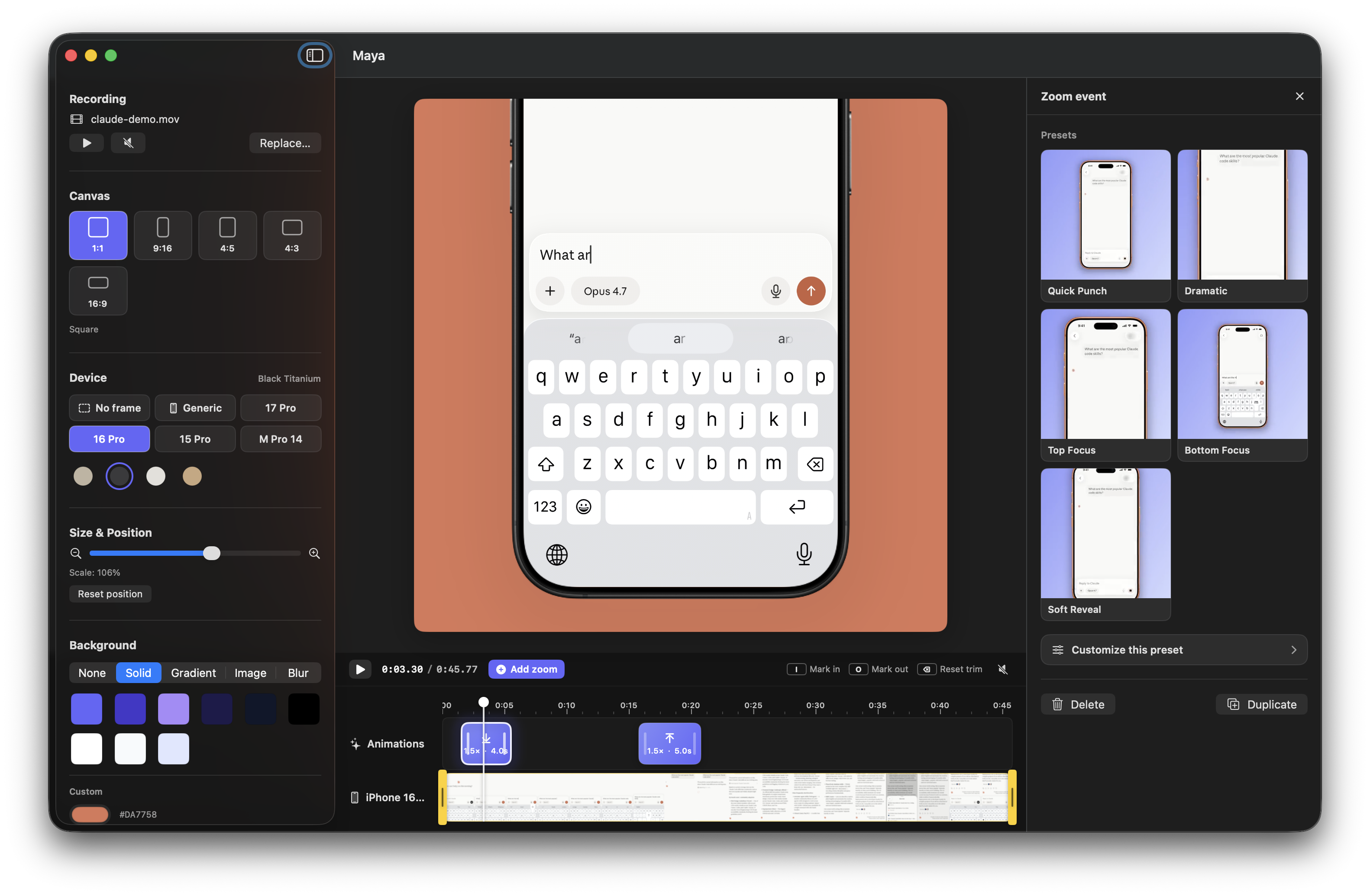 The Maya editor showing a framed iPhone recording on a timeline